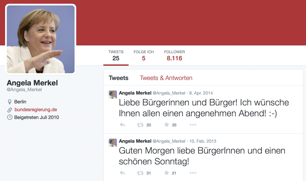 Sieht offiziell aus, ist es aber nicht: Eines der zahlreichen falschen Merkel-Profile auf Twitter.