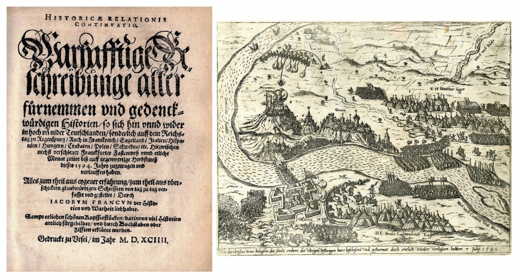 Titelblatt der 1594 in Ursel erschienenen Messzeitung Historicae Relationis Continuatio. Laut Ursellis-Archiv ist im Kupferstich die Belagerung und Einnahme der Festung Gran an der Donau, Christen gegen Türken, im Juli 1594 zu sehen. Quelle: Ursellis