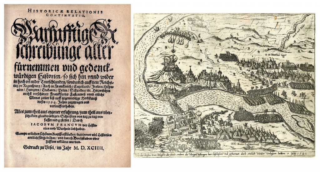 Titelblatt der 1594 in Ursel erschienenen Messzeitung Historicae Relationis Continuatio. Laut Ursellis-Archiv ist im Kupferstich die Belagerung und Einnahme der Festung Gran an der Donau, Christen gegen Türken, im Juli 1594 zu sehen.  Quelle: Ursellis 