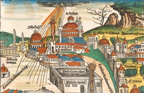 Der „Donnerstein von Ensishein“: Das älteste bekannte illustrierte Flugblatt von Sebastian Brants aus dem Jahr 1493, das bildlich über einen Meteoriteneinschlag berichtete und dieses Naturereignis mit einer politischen Interpretation versah. Quelle: Illustration in Schedel, Hartmann / Wolgemut, Michael / Pleydenwurff, Wilhelm: Liber chronicarum, Nürnberg